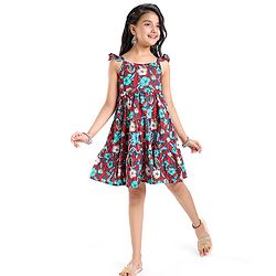 Pine Kids Cotton Woven Sleeveless Ethnic Dress with Belt Floral Print - Red
