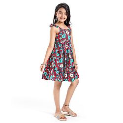 Pine Kids Cotton Woven Sleeveless Ethnic Dress with Belt Floral Print - Red