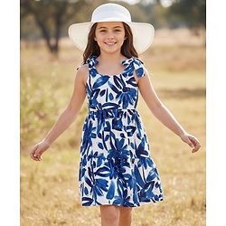 Pine Kids Cotton Woven Sleeveless Frock Floral Print - White & Blue
