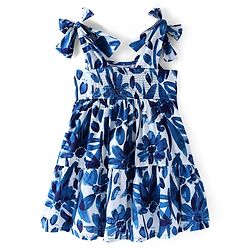 Pine Kids Cotton Woven Sleeveless Frock Floral Print - White & Blue