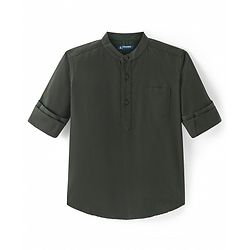 Pine Kids Cotton Woven Full Sleeves Mandarin Collared Solid Colour Shirt - Dark Green