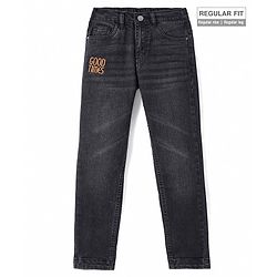 Pine Kids Full Length Washed Denim Jeans with Text Embroidery - Black