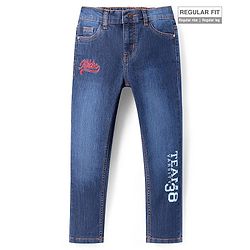 Pine Kids Woven  Full Length Washed Denim Jeans with Text Embroidery & Print - Blue