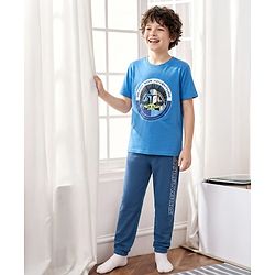 Pine Kids Lucas Single Jersey Knit Half Sleeves Night Suit With Text Print - Blue