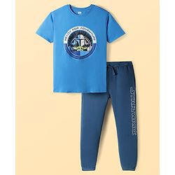 Pine Kids Lucas Single Jersey Knit Half Sleeves Night Suit With Text Print - Blue