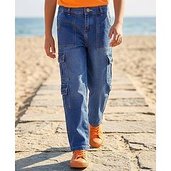 Pine Kids Full Length Washed Denim Jeans with Cargo Pocket - Blue