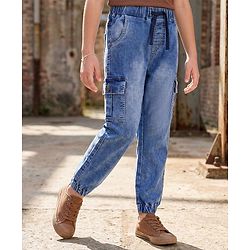 Pine Kids Ankle Length Washed Denim Jeans with Cargo Pocket - Blue