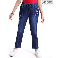 Pine Kids Denim Woven Ankle Length Washed Jeans With Star Print -Navy