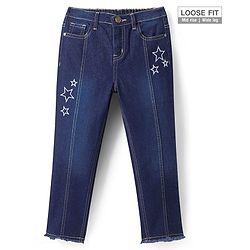 Pine Kids Denim Woven Ankle Length Washed Jeans With Star Print -Navy