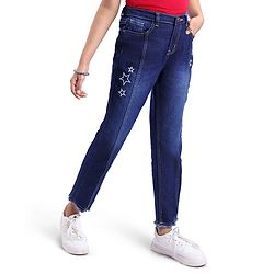 Pine Kids Denim Woven Ankle Length Washed Jeans With Star Print -Navy