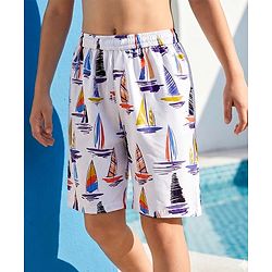 Pine Kids Mid Thigh Swimming Board Shorts with Boat Print - Multicolour