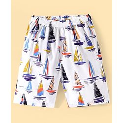 Pine Kids Mid Thigh Swimming Board Shorts with Boat Print - Multicolour