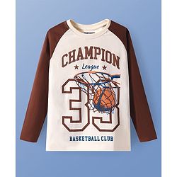 Pine Kids Cotton Knit Full Raglan Sleeves T-Shirt with Text Print - Off White & Brown