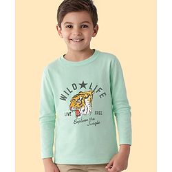 Pine Kids Cotton Knit Full Sleeves Tiger Printed T-Shirt - Sea Green