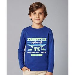 Pine Kids Cotton Knit Full Sleeves T-Shirt with Text Print - Blue