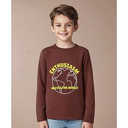 Pine Kids Cotton Knit Full Sleeves Text Printed T-Shirt - Brown