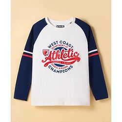 Pine Kids Cotton Knit Full Raglan Sleeves with Text Print T-Shirt - White & Blue