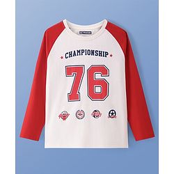 Pine Kids Cotton Knit Full Raglan Sleeves Text Printed T-Shirt - White & Red