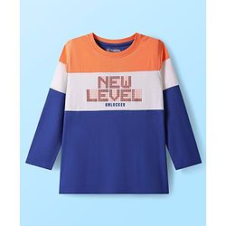 Pine Kids Cotton Knit Full Sleeves Text Printed T-Shirt with Cut & Sew Design - Orange Blue & White