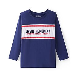 Pine Kids Cotton Knit Full Sleeves Colour Block T-Shirt with Striped & Text Print - Navy Blue & White