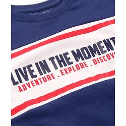 Pine Kids Cotton Knit Full Sleeves Colour Block T-Shirt with Striped & Text Print - Navy Blue & White