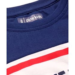 Pine Kids Cotton Knit Full Sleeves Colour Block T-Shirt with Striped & Text Print - Navy Blue & White