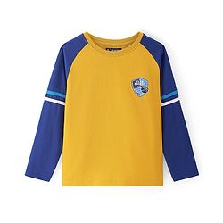 Pine Kids Cotton Knit Full Raglan Sleeves T-Shirt with Badge Print - Golden