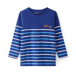 Pine Kids Cotton Knit Full Sleeves Striped T-Shirt with Text Embroidery - Blue