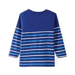 Pine Kids Cotton Knit Full Sleeves Striped T-Shirt with Text Embroidery - Blue