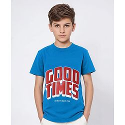 Pine Kids Cotton Knit Half Sleeves T-Shirt with Text Print - Blue
