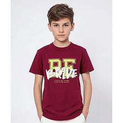 Pine Kids Cotton Knit Half Sleeves Text Printed T-Shirt - Dark Red