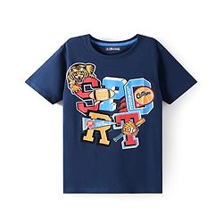 Pine Kids Cotton Knit Half Sleeves T-Shirt with Tiger Print - Navy Blue
