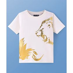 Pine Kids Cotton Knit Half Sleeves T-Shirt with Lion Foil  Print - White