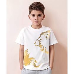 Pine Kids Cotton Knit Half Sleeves T-Shirt with Lion Foil  Print - White