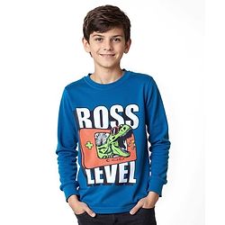 Pine Kids Cotton Knit Full Sleeves T-Shirt with Dino Print - Seaport Blue