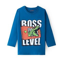 Pine Kids Cotton Knit Full Sleeves T-Shirt with Dino Print - Seaport Blue