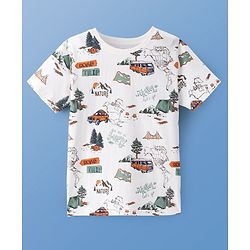 Pine Kids Cotton Knit Half Sleeves T-Shirt with Camping  Print - White