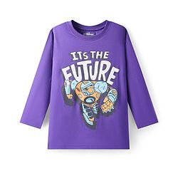 Pine Kids Cotton Knit Full Sleeves T-Shirt With Robot & Text Print - Purple
