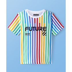 Pine Kids Cotton Knit Half Sleeves Striped T-Shirt With Text Print - White