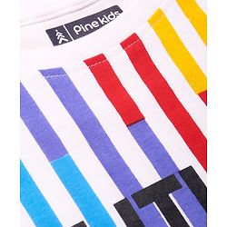 Pine Kids Cotton Knit Half Sleeves Striped T-Shirt With Text Print - White
