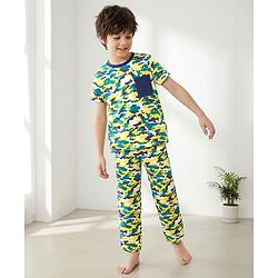 Pine Kids Cotton Knit Half Sleeves Night Suit with Camouflage Print - Navy Peony
