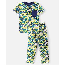 Pine Kids Cotton Knit Half Sleeves Night Suit with Camouflage Print - Navy Peony