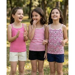 Pine Kids Cotton Lycra Knit Sleeveless Stripes & Text Printed Slips Pack of 3 (Colour & Print May Vary)