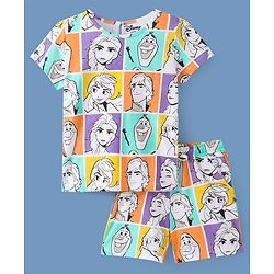 Pine Kids Disney Cotton Knit Single Jersey Half Sleeves Frozen Print Short Night Suit   - Multicolour