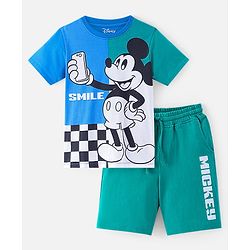 Pine Kids Disney Cotton Knit Half Sleeves T-Shirt & Shorts Set With Mickey Mouse Graphics - Multicolor