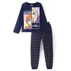 Pine Kids Disney Cotton Knit Full Sleeves Night Suit With Disney Frozen Princess Graphics - Navy