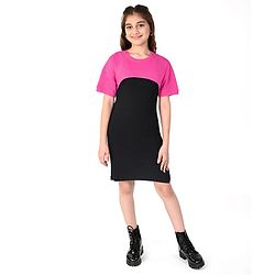 Pine Kids Cotton Solid Frock with Half Sleeves Shrug & Belt - Black & Pink