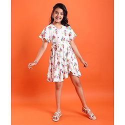 Pine Kids Cotton Woven Half Sleeves Floral Printed Frock - Snow White