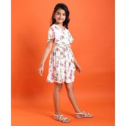 Pine Kids Cotton Woven Half Sleeves Floral Printed Frock - Snow White