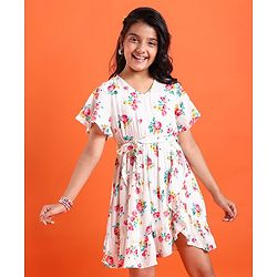 Pine Kids Cotton Woven Half Sleeves Floral Printed Frock - Snow White